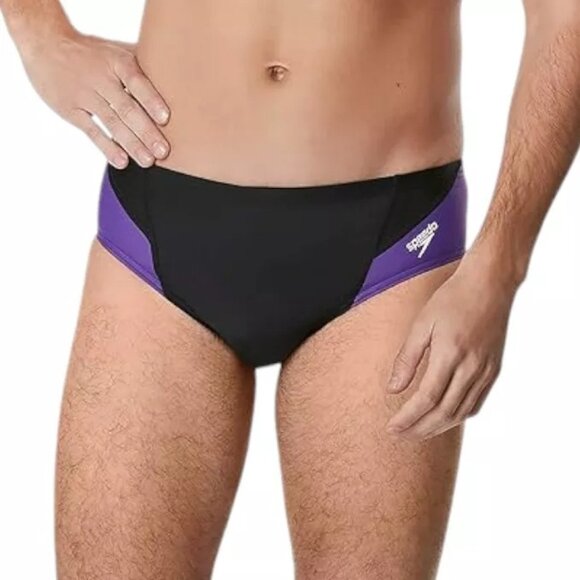 Speedo Men's Swim Briefs Size 36 Black Purple Team Endurance Swimming Water Polo - Picture 1 of 5